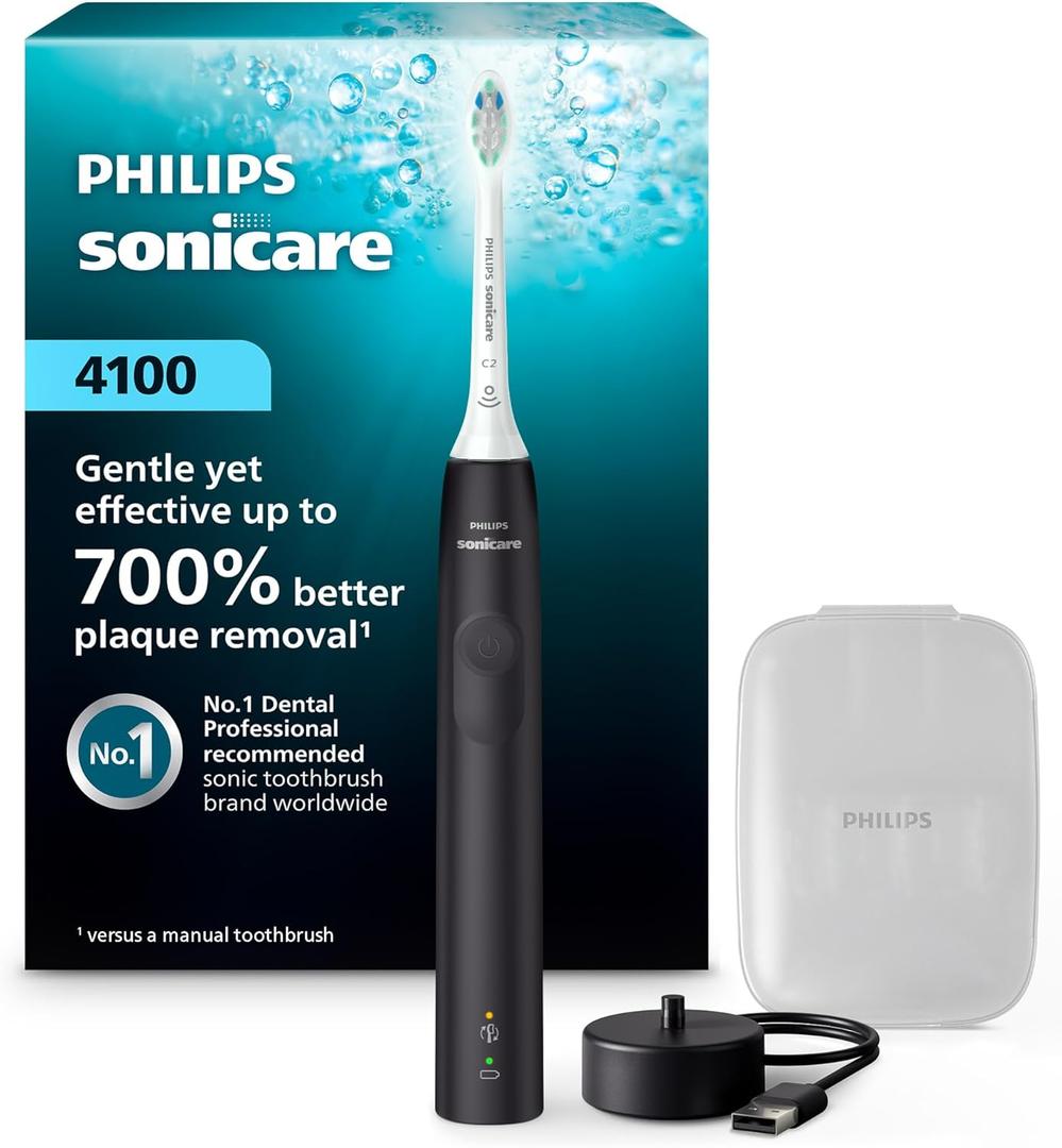 Philips Sonicare 4100 Rechargeable Electric Toothbrush, Advanced Plaque Removal, Pressure Sensor, Includes Brush Head Case, Black BD5003AZ