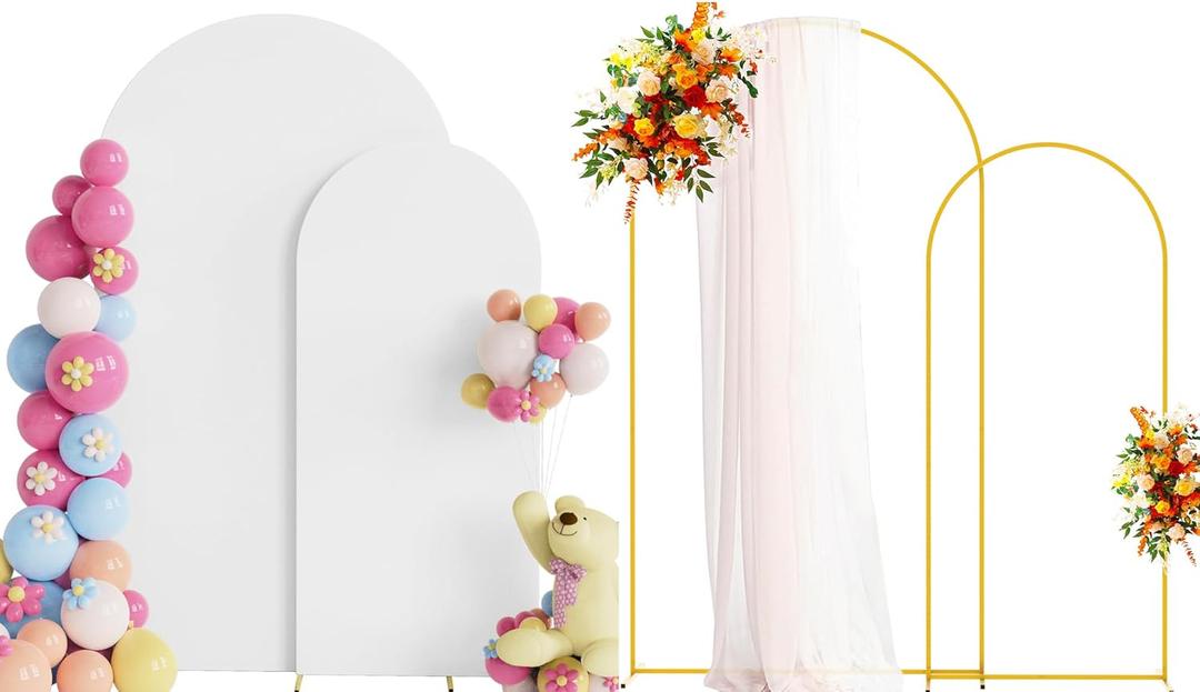 Putros Metal Arch Stand with Cover Set of 2 White Spandex Fitted Wedding Arch Cover and Round Top Chiara Backdrop Stand for Birthday Party Baby Shower Decoration 7.2FT, 6FT