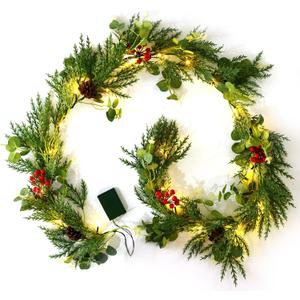 6ft prelit Lighted Christmas Garland with LED Lights,Battery Powered with Pine Cones,Eucalyptus Leaves,Berries, Pine Needles,Christmas Garland for Fireplace Mantle Decorations. (Green)