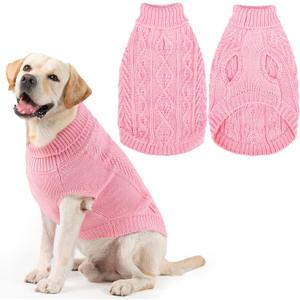 PUPTECK Dog Sweater, Turtleneck Warm Knitted Pullover Coat, Thick Cable Knitwear Clothes in Winter, Pet Apparel Outfits for Large Dogs, for Cold Weather Indoor & Outdoor, Pink L (L - Chest 28", Back 20", Neck 17")