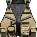 Wading Hands Free Fishing Vest for Lure, Adjustable Straps (Tan) | Built in Rod Holder, Tackle Box Pocket, 3 Heavy Duty D Rings for Landing Net, Gripper and Plier, High Water Resistant Pockets