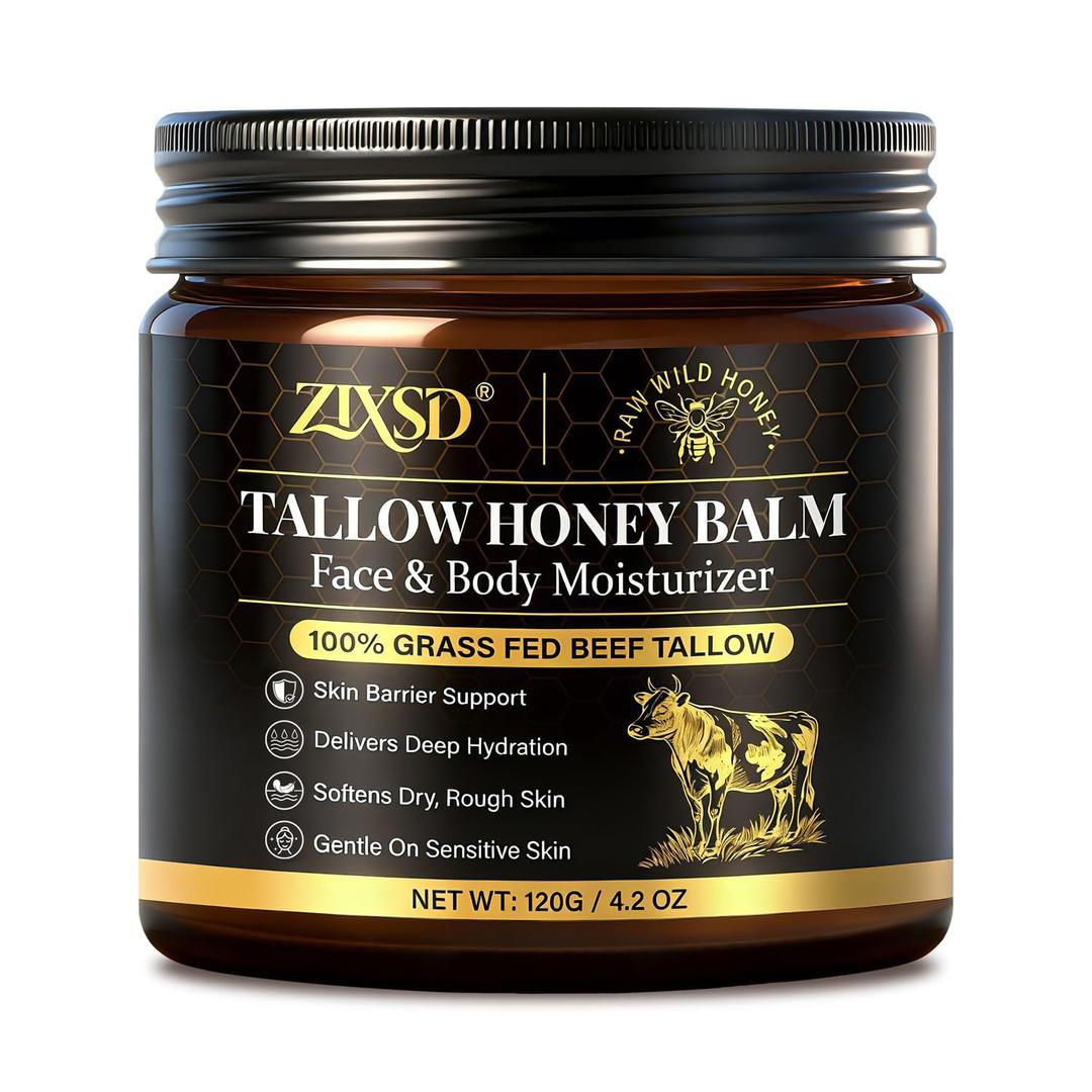 Beef Tallow for Skin, Beef Tallow for Face, Tallow and Honey Balm for Face, Beef Tallow & Raw Honey, Grass-Fed Whipped Tallow Cream, Face & Body Tallow Face Moisturizer Natural-4.3oz