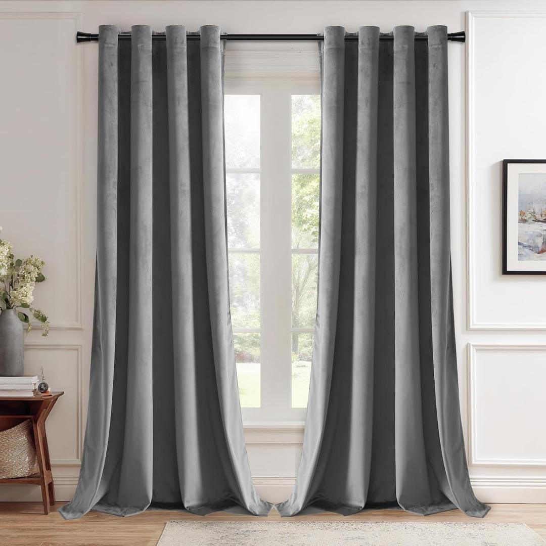 JIUZHEN Grey Velvet Curtains 84 inches for Living Room - Thermal Insulated Room Darkening Grommet Thick Velvet Window Drapes for Bedroom/Dining Room, Set of 2 with Tiebacks, W52 x L84