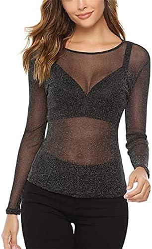 ZHER-LU Women's Casual Solid High Neck Sheer Mesh Long Sleeve Tee Shirt Top (Black, XL) 4 Pack