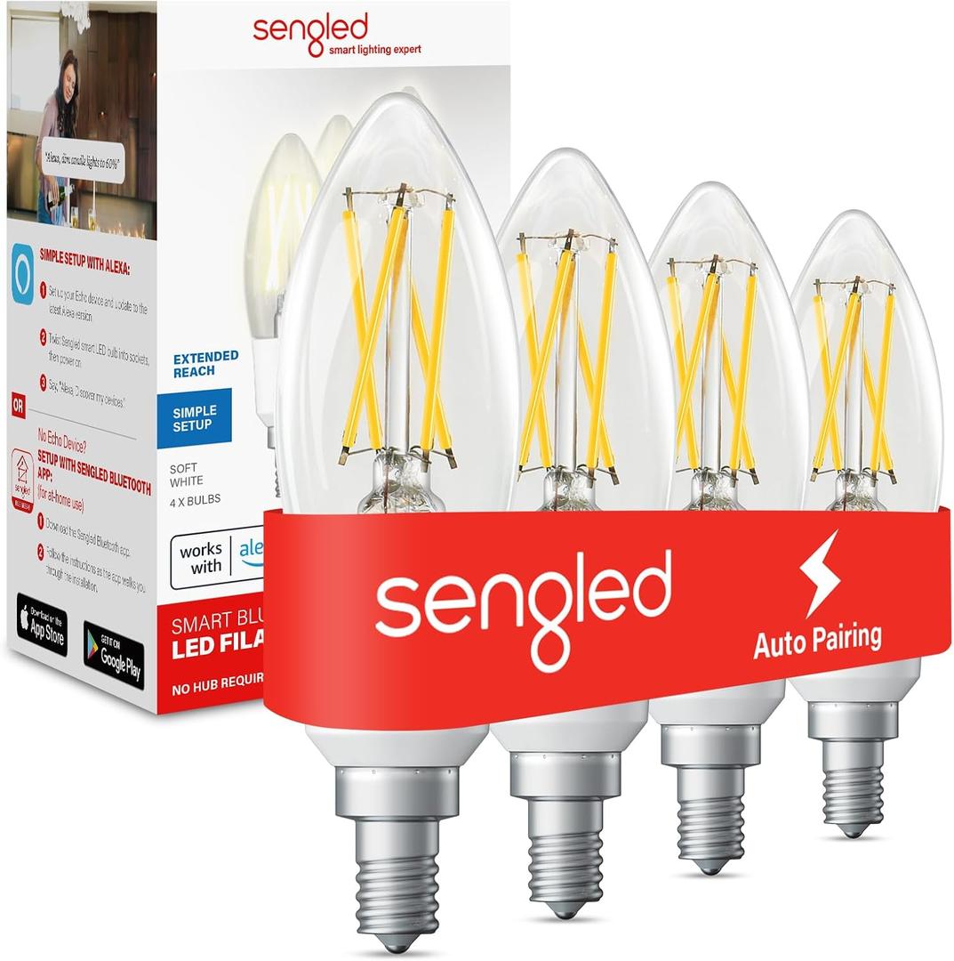 Sengled Alexa Light Bulb, E12 Smart Bulbs, Edison Bulbs Bluetooth Mesh, 40 Watt Candelabra Light Bulbs 2700K B11, Smart Bulbs That Work with Alexa, Dimmable & Group Control, No Hub Request, 4 Pack (Soft White (2700k))