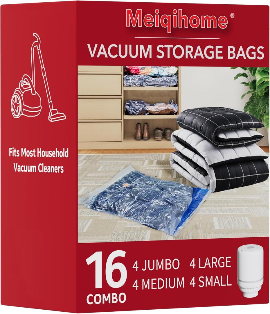 Vacuum Storage Bags with Electric Air Pump 16 Combo (4 Jumbo/4 Large/4 Medium/4 Small), Plastic Packaging Bags,Travel Vacuum Bags For Luggage,Clothes, Pillows, Comforters, Blankets, Bedding