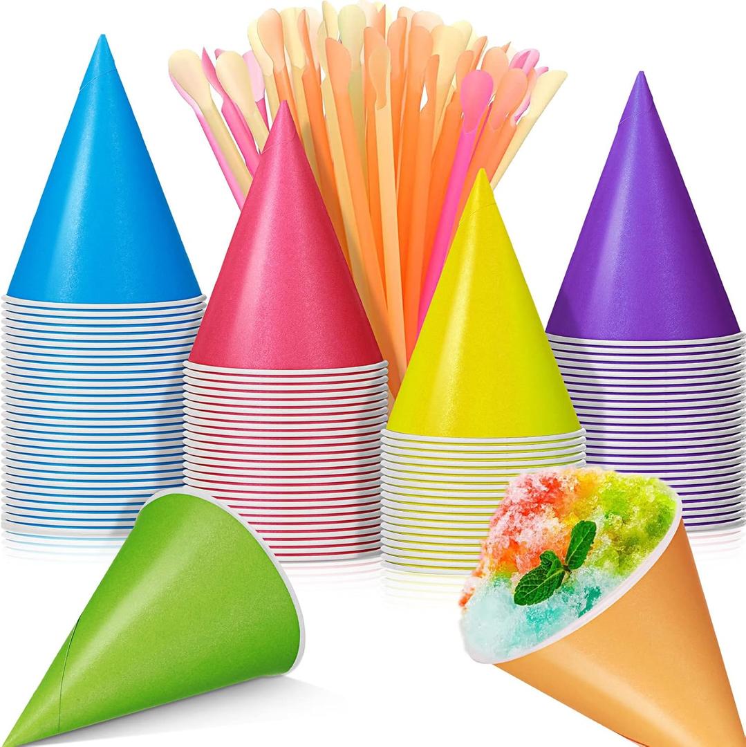 Boao 100 Pieces Snow Cone Cups 4.5 OZ Leakproof Matching 100 Pieces Spoon Straws for Snow Cone Syrups Slush Shaved Ice Cream Sorbet Water (Colorful,Classic Style)