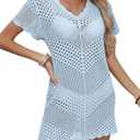KLWCJFFF Women Swimsuit Summer Short Sleeve Crochet Knit Bathing Suit Beach Cover Up Hollow Out Sexy See Through Dress, M