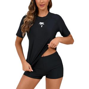 Halcurt Women's Built in Bra Rash Guard UPF 50 Two Piece Swimsuit Shirt and Board Shorts (XX-Large, All Black/ Padded Top)