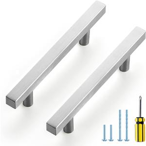 Ravinte Brushed Nickel Cabinet Handles 10 Pack 3-3/4 inch Satin Nickel Square Cabinet Pulls Silver Hardware for Kitchen Cabinets 6 inch Overall Length Stainless Steel Drawer Pulls