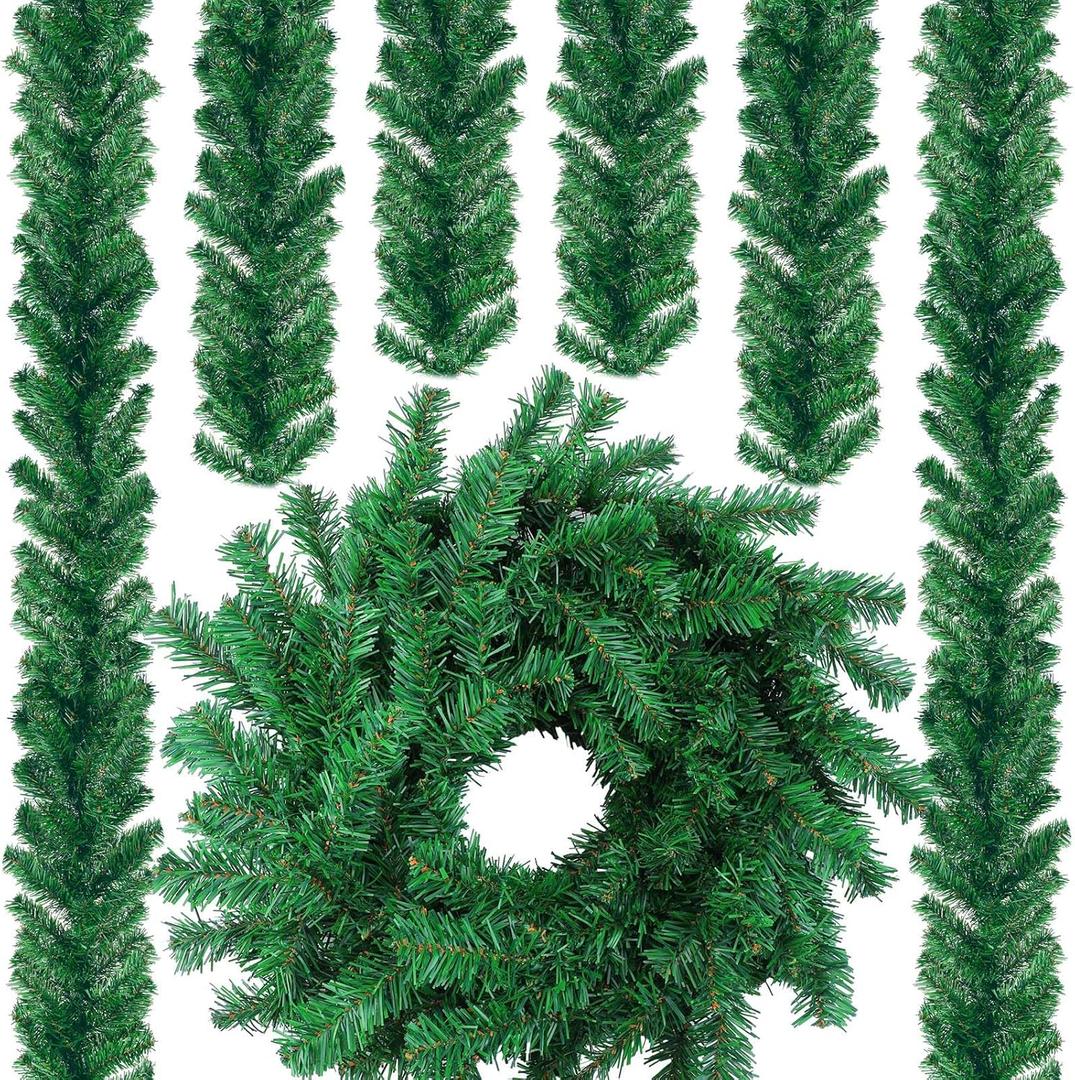 6 Pack 54ft Artificial Christmas Green Garland Classic Christmas Greenery Faux PVC Soft Garland for Indoor Outdoor Stairs Railing Fireplace Mantel Front Door Porch Xmas Holiday Party Decorations