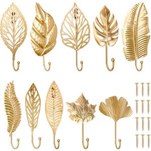 Decorative Wall Hooks Leaves Hooks 10PCS, Gold Hanging Hook Wall Mounted Metal Key Holder, Leaf Vintage Coat Towel Hanger Hat Scarf Hanging for Entryway Brass Home Decor