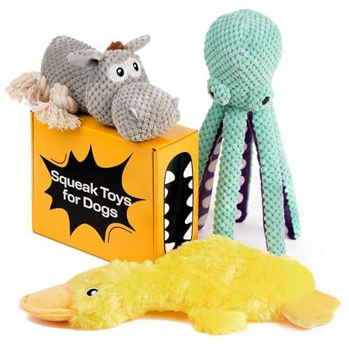 PetSpy Squeaky Stuffed Dog Toy Pack - 3 Dog Chew Toys for Large, Medium, Small Dogs and Puppies- Rope Donkey, Plush Octopus, Crinkle Duck Toy - Pet Supplies Toys for Dogs to Keep Them Busy