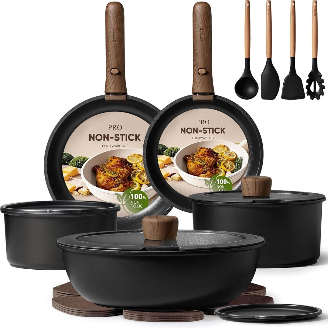 CAROTE 19pcs Pots and Pans Non Stick, Cookware Sets Detachable Handle, Induction Kitchen Pots and Pans,NonStick Cooking Set, Oven/Dishwasher/Fridge Safe, Space Saving, Mothers Day Gifts, Black