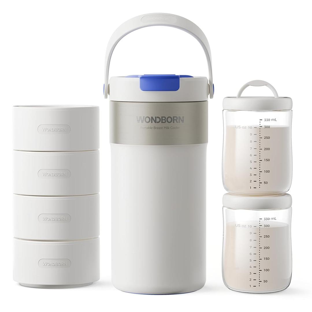 Portable Breast Milk Cooler, 4 Ice Rings, 360Cooling with Vacuum Lid, Safe Chill for 30H+, 22oz Large Capacity with 2 Bottles, Rapid Chill to 40, Extra Wide Opening, Ideal for Work & Travel, White