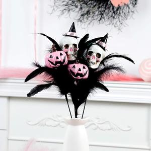 4Pcs Halloween Artificial Faux Flowers Picks Black Feather Branches with Pink Pumpkin Skull Bouquet Arrangements Halloween Indoor Decorations Home Parties Table Decor