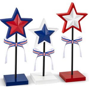 3 Pieces 4th of July Tiered Tray Decor Wood Star Set, Memorial Day Table Decorations, Rustic Patriotic Table Decorations, Red White and Blue Decorations for Home Tables(Classic)