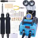 YIHUA 939D-II Pyrography Pen Wood Burning Kit Station 2-in-1 Solid-Point 200~480C (with Temp Display)/Wire-Nib 250~750C with 20 Nibs, Solid Points, 1 Stable Pen Holder, 2 Scrap Wood (Blue)