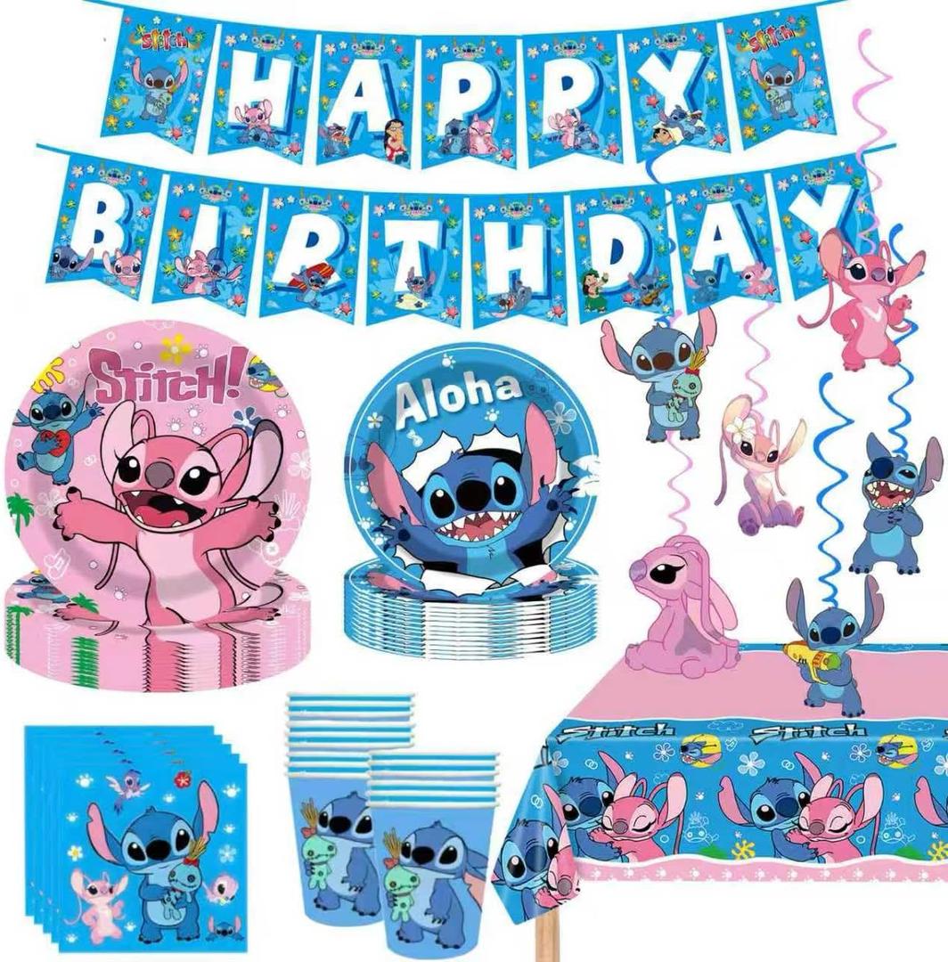 88PCS For Stitch Party Supplies: 6 Hanging Swirls, 20 Napkins, 20 Cups, 20 Plates 9 inch 20 Plates 7 inch, 1 Banner, 1 Tablecloth for Stitch Birthday Party Decorations