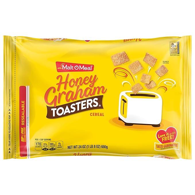 Malt-O-Meal Honey Graham Toasters Breakfast Cereal, Honey Graham Cereal Squares, Super Size Bagged Cereal, 24 OZ Resealable Cereal Bag BB OCT 18 2025