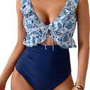 Eomenie One Piece Swimsuit for Women Tummy Control Ruffle Bathing Suit V Neck Ruched Swim Suit Slimming Cutout Swimwear (Small, Blue Floral)