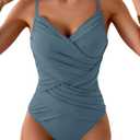 B2prity One Piece Swimsuit Tummy Control Criss Cross Bathing Suit Slimming Ruched Swim Suit Push Up V Neck Swimwear (Large, Grey Blue)