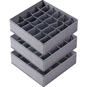 Criusia 3 Pack Sock Underwear Drawer Organizer Dividers, 64 Cell Fabric Foldable Dresser Organizer for Closet Organizers and Storage Boxes for Organizing Socks, Underwear, Ties (16+24+24 Cell, Gray) (Grey)