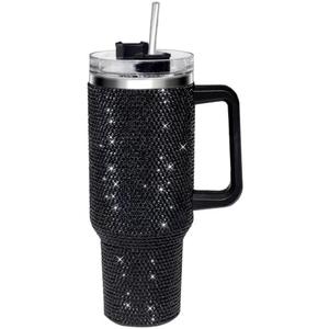 HWISDMIG 40oz Tumbler with Handle-Glitter Rhinestones Tumbler Bling Cups Stainless Steel Water Bottle Diamond Studded Tumbler for Women-Birthday Gifts for Women, Mom, Wife, Girlfriend (40 oz, Black)