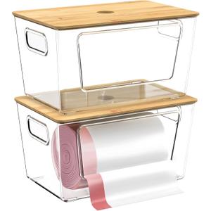 2 Pack Trash Bag Holder, Stackable Trash Bags Dispenser with Bamboo Lid, Extra Large Garbage Bag Holder for Kitchen, Laundry Room, Under Kitchen Sink Organizer