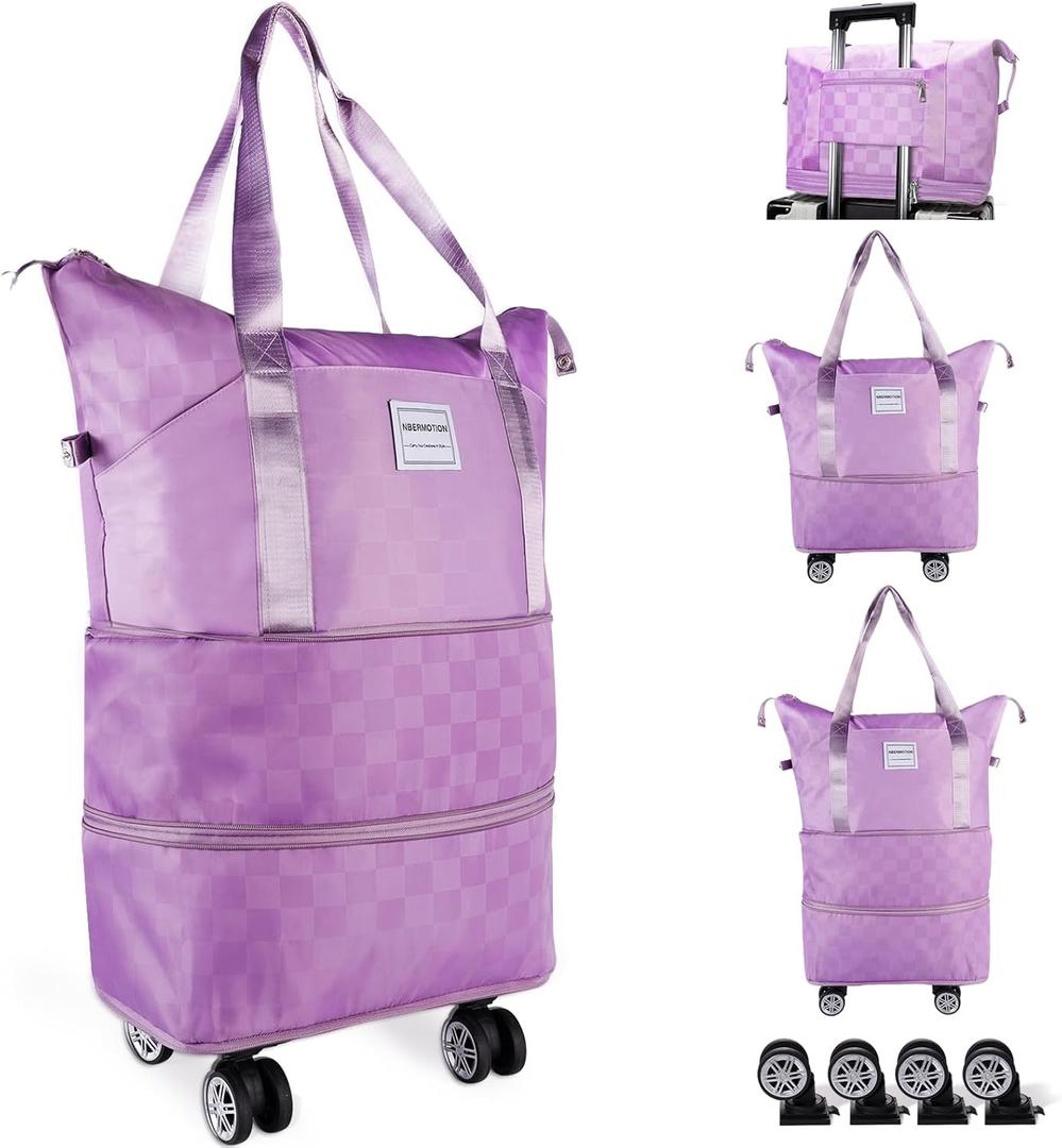 Expandable Rolling Duffle Bag - Large Carry-On With Spinner Wheels, Foldable Weekend Travel Bag, 28-58L Capacity(A-Purple)