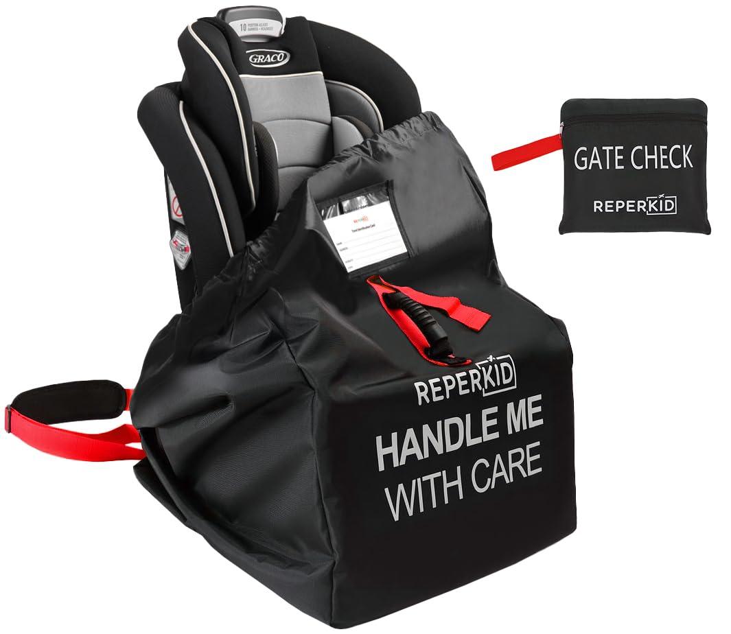 reperkid Car Seat Travel Bag for Airplane, Black and Green, 33" H x 18" W x 18" D, Fits Most Convertible, Booster and Infant Car Seats  Premium Waterproof Cover, Adjustable Shoulder Strap
