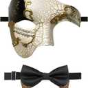 IncreDecor Masquerade Mask for Men Phantom of The Opera Half Face Mask with Bowtie, Venetian Masks for Halloween Party (Black)