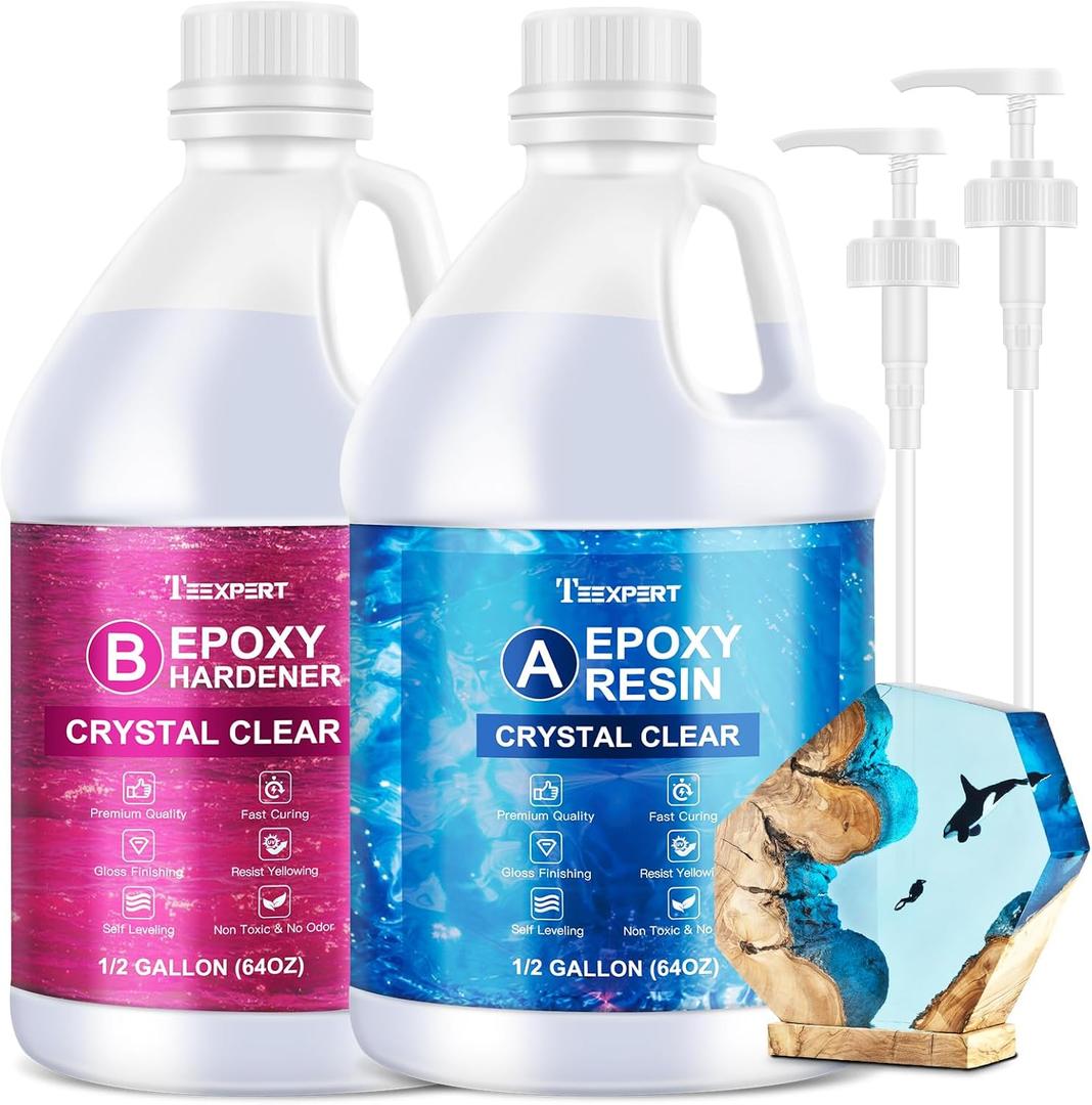 Teexpert Crystal Clear Epoxy Resin Kit 1 Gallon Self-Leveling Coating and Casting Resin, High-Gloss & Bubbles Free Resin and Hardener Kit for DIY Art, Jewelry, Table Top, Molds, Wood 1:1 Ratio