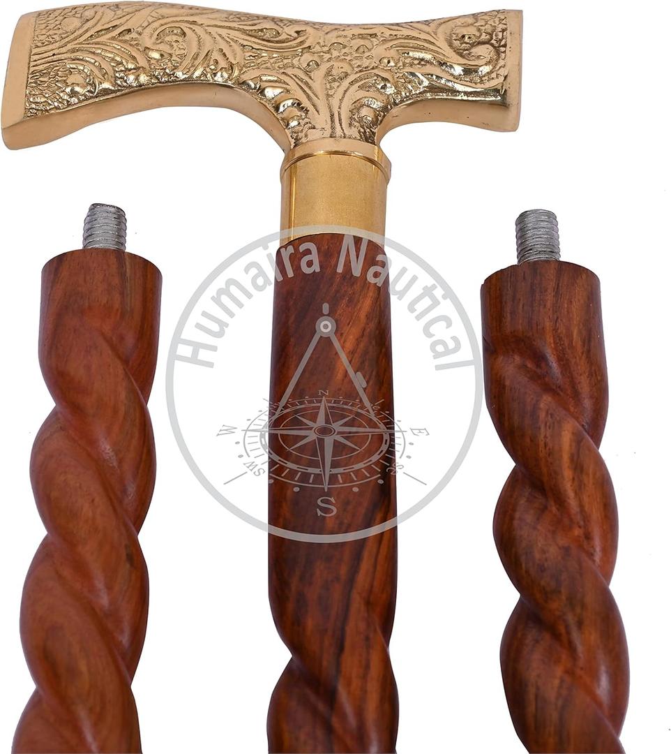 Humaira Nautical Walking Stick Men Derby Canes and Wooden Walking Stick for Men and Women 36" Brown Ebony Brass T Shape Handle in Golden Tone Natural Wood Unisex Cane.