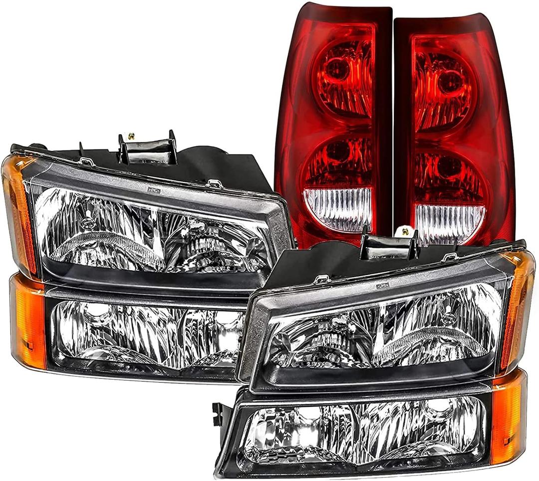 Headlight Tail Lights Assembly Combo Compatible with 03-06 Chevy Silverado Avalanche 1500 2500 3500 1500 HD 2500 HD,07 Chevy Silverado Classic Headlamp Rear Brake Lights, Driver and Passenger Side (Black Housing Amber Corner)