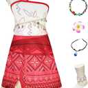 AOVCLKID Girls Adventure Costumes Moana Princess Birthday Party Dress Halloween Cosplay Outfits with Accessories(4-5 Years,Red)