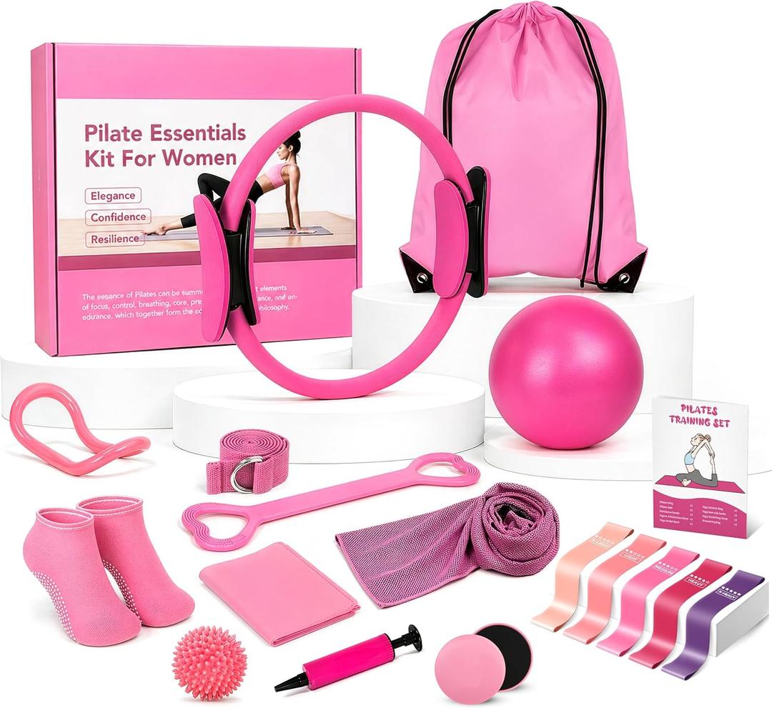 Pilates Kit for Women 17 Pieces Premium Pilates Equipment Set with Magic Circle Ring, Yoga Ball, 5 Resistance Bands, Stretching Strap & More | Full Body Toning | Fitness Gift for Her