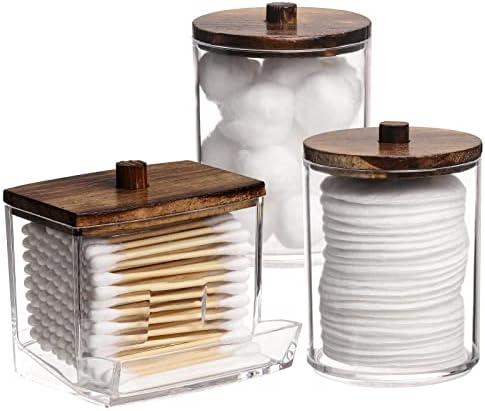 Tbestmax Qtips Holder Bathroom Container, 10/7 OZ Cotton Ball/Swabs Dispenser, Apothecary Jar Organizer for Storage Brown Wood Lids