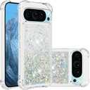 Phone Case for Google Pixel 10 Case Glitter Bling Liquid Cute Clear Floating Quicksand Shockproof Protective Bumper Soft TPU Cover for Google Pixel 10 / Pixel 10 Pro Love Sliver YB