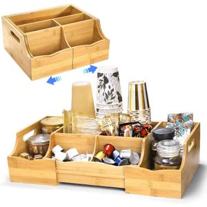 Coffee Station Organizer for Countertop, Bamboo Coffee Bar Condiment Organizer, Extendable Tea Condiment Storage for Bar Decor, Kitchen, Office, 7 Compartment