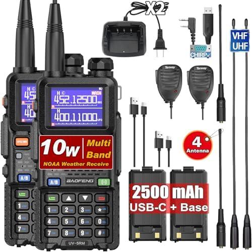 BAOFENG UV-5RM 10W Long Range Ham Radio Walkie Talkie with NOAA Weather Receiver 2500mAh Rechargeable Battery one-Key Frequency Copy Micphone Type-C Charging and Programming Cable (Gain Antenna)