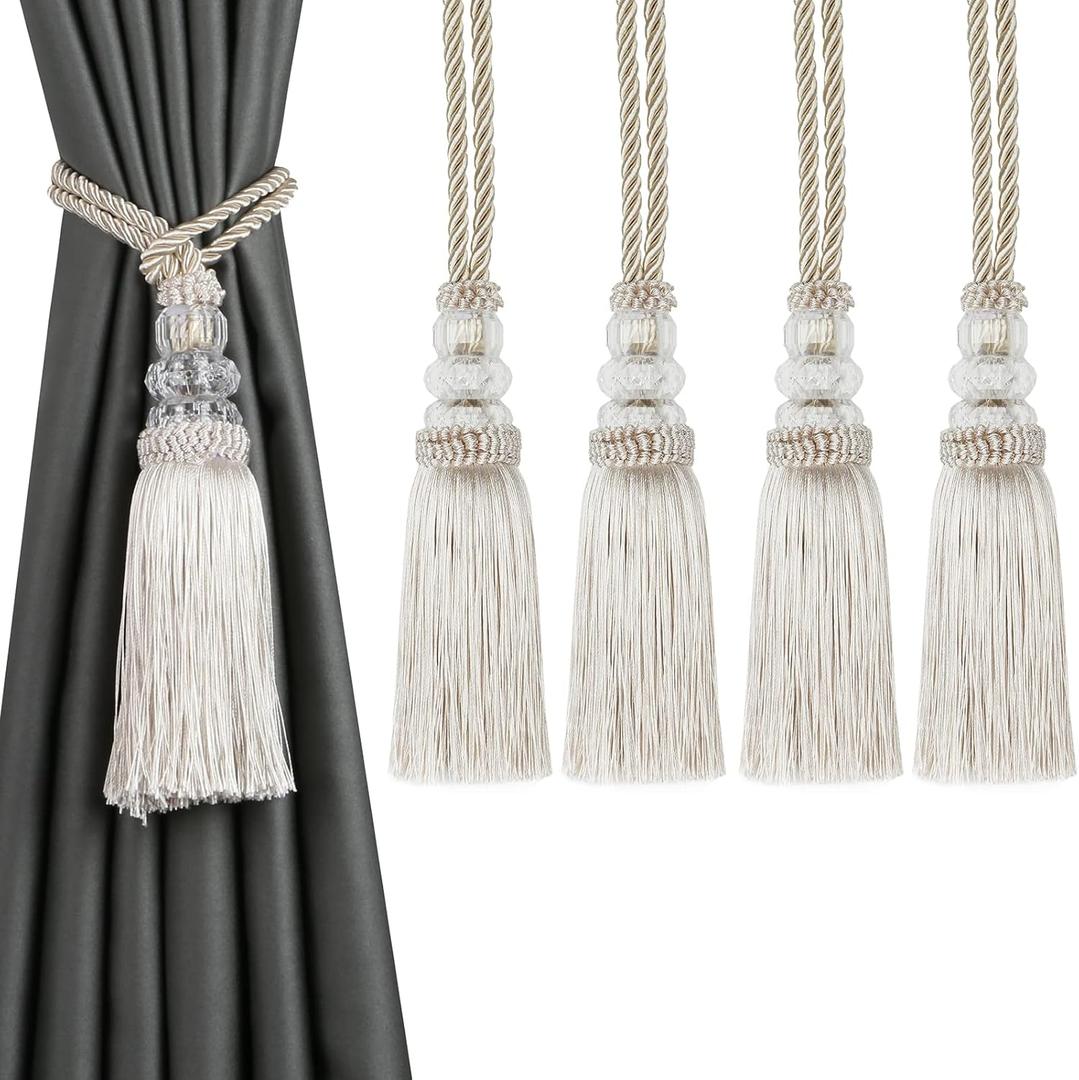 Curtain Tiebacks with Tassel, Outdoor Elegant Decorative Curtain Holdback,Modern Rope Window Curtain Ties Backs for Draperies with Hooks 2 Pack (4, Beige)