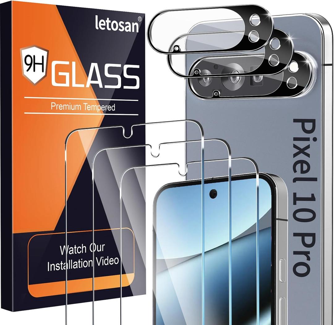 Pack of 3 Glass Screen Protector for Google Pixel 10 Pro [6.3 inch] with 3 Pack Camera Lens Protector, 9H Tempered Glass, Fingerprint Unlock, HD Ultra-thin Bubble-Free