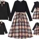 PATPAT Family Matching Outfits Mommy and Me Dresses Matching Set Long Sleeve Plaid Midi Dress and Casual Button Down Shirts (Black, XL)