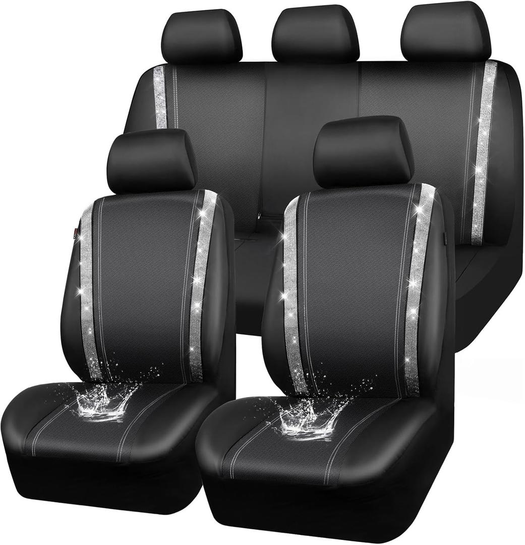 CAR PASS Bling Diamond Car Seat Covers Full Set, Shining Rhinestone Waterproof Faux Leather, Rear with Zipper, Universal Fit Automotive Glitter Crystal Sparkle Strips for Cute Women Girl, Silver