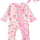 Toddler Baby Girl Birthday Outfit Ruffle Cake Bow Print Romper Zipper Birthday Girl Jumpsuit Headband (12-18 Months, Pink)