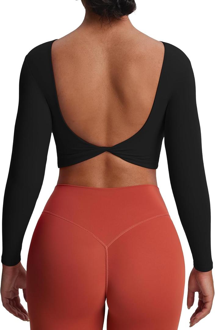 Aoxjox Long Sleeve Crop Tops for Women Emma Twist Back Workout Cropped T Shirt Top (Small, Black)