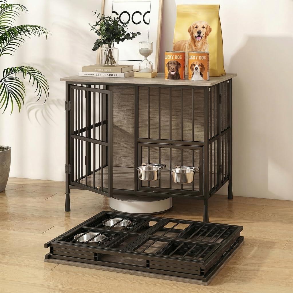 Hadulcet Foldable Dog Crate Furniture, No Assembly Indoor Dog Kennel with Storage Top, Wooden Dog Crate Table for Small to Medium Dogs (Up to 30 lbs), 27.55 Furniture Style Dog Cage with 2 Bowls Gray