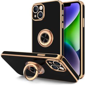 Hython for iPhone 14 Plus Case with Ring Stand [360 Rotatable Ring Holder Magnetic Kickstand] [Support Car Mount] Plated Gold Edge Soft TPU Luxury Shockproof Protective Phone Case Cover, Black