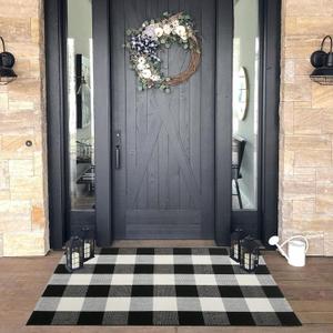 CAINANEL Buffalo Plaid Outdoor Rug Front Door Mat 27.5'' x 43'' Black and White Front Porch Rug Welcome Doormats for Farmhouse Entrance Porch Outdoors Decor